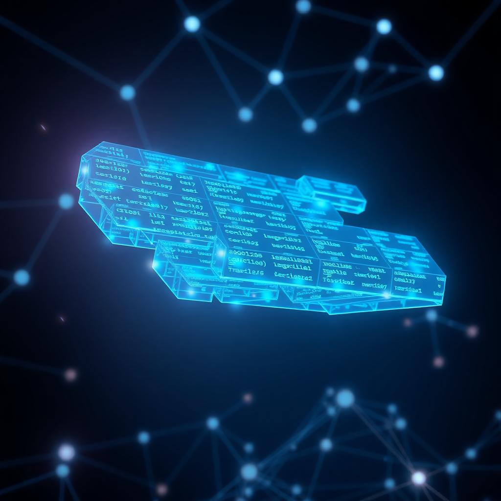 A digital blockchain ledger with glowing blue blocks connected in a chain, set against a dark cyberspace background with interconnected nodes.
