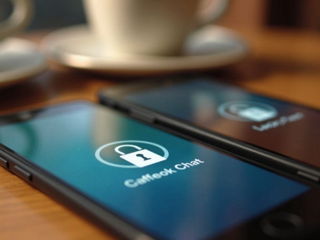 Smartphones showing encrypted messaging in a coffee shop