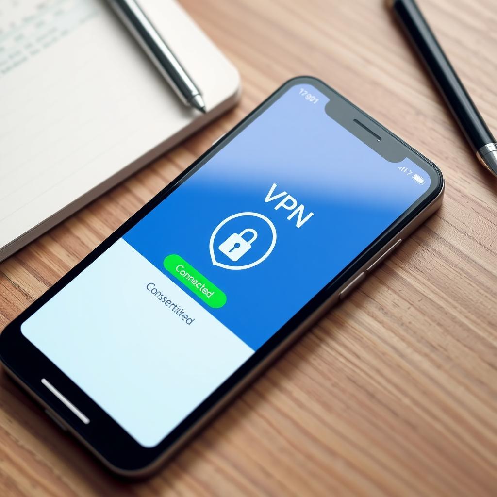 Smartphone showing a VPN app with a 'Connected' status and lock icon on a wooden desk.