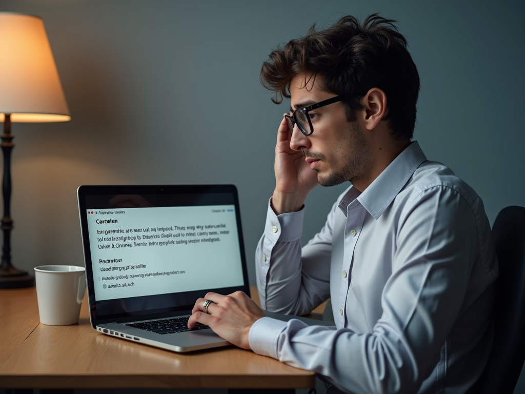 Person confused by phishing email on laptop
