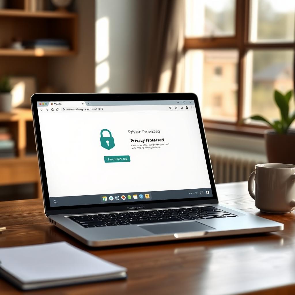 Laptop displaying a secure browser with a privacy-focused interface on a wooden desk