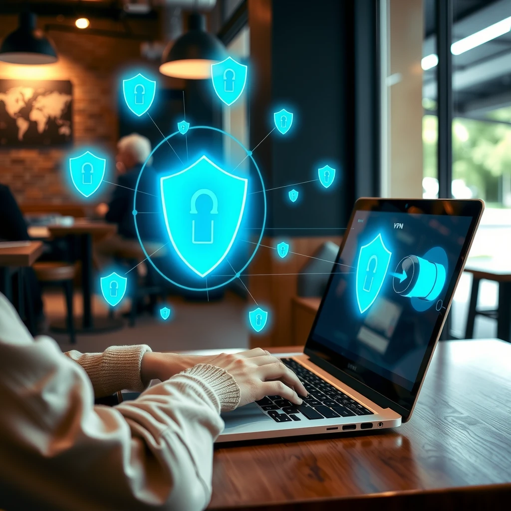 Person protected by VPN shield while browsing on laptop