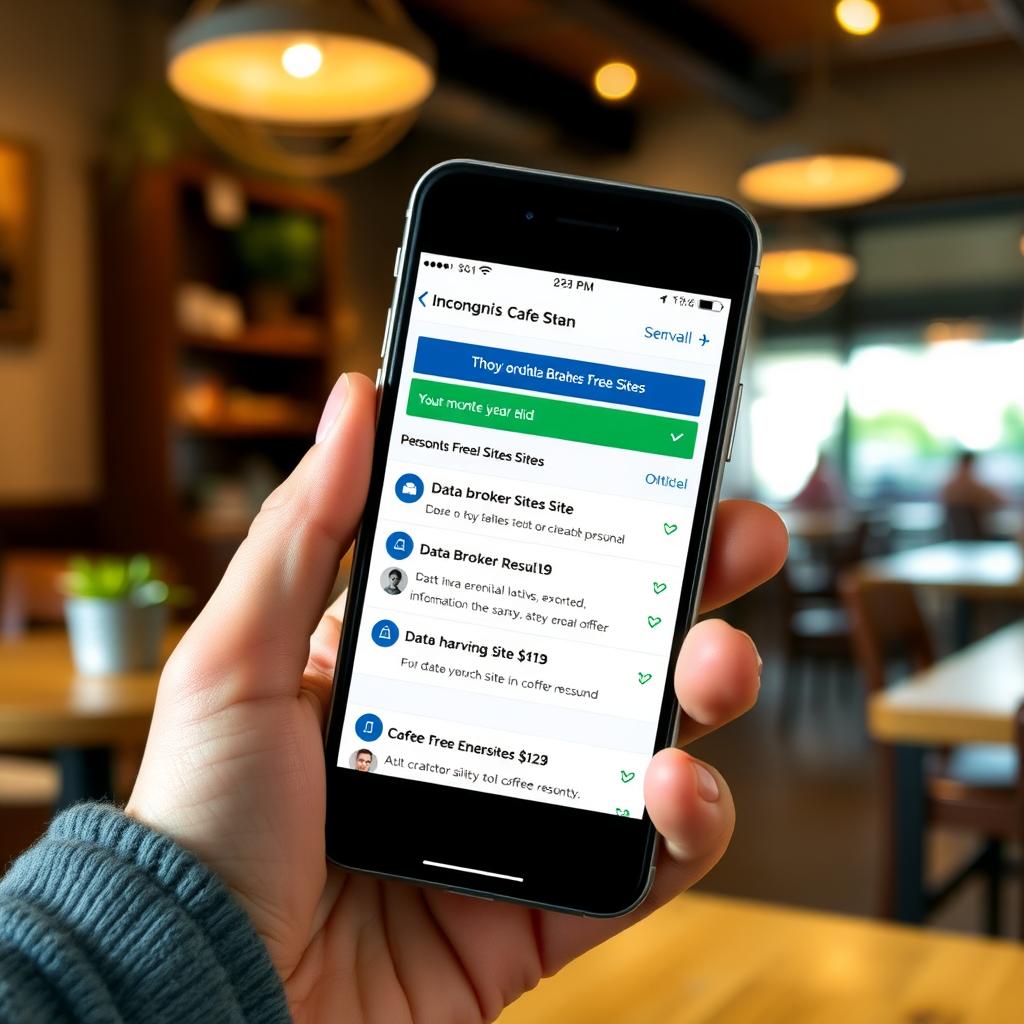 Smartphone displaying Incogni’s data broker scan results in a coffee shop