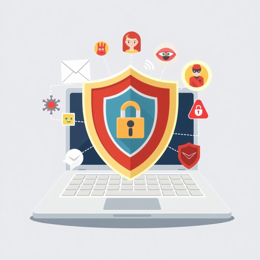 Shield protecting a laptop from cyber threats