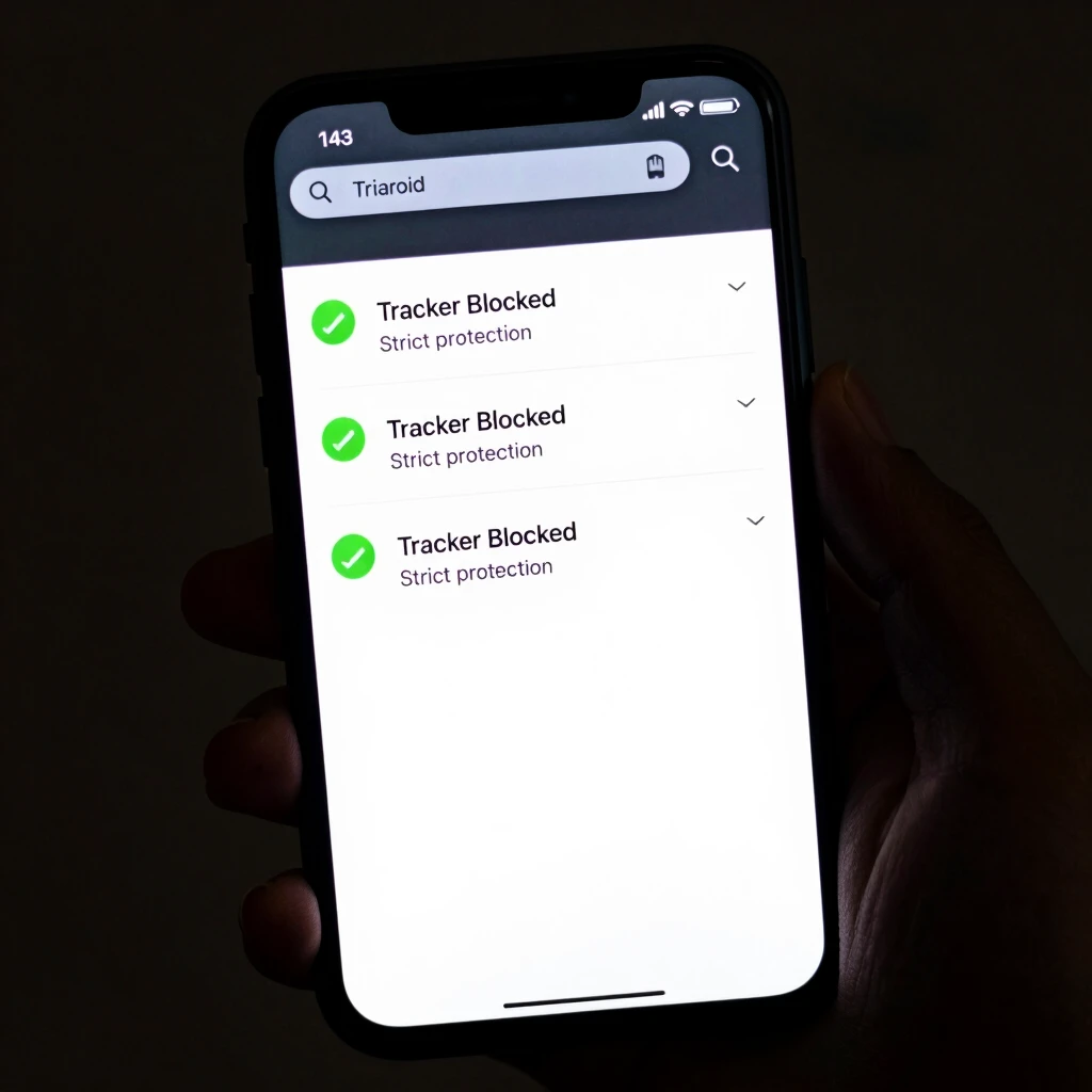 Private browser on Android blocking trackers and showing protection notifications