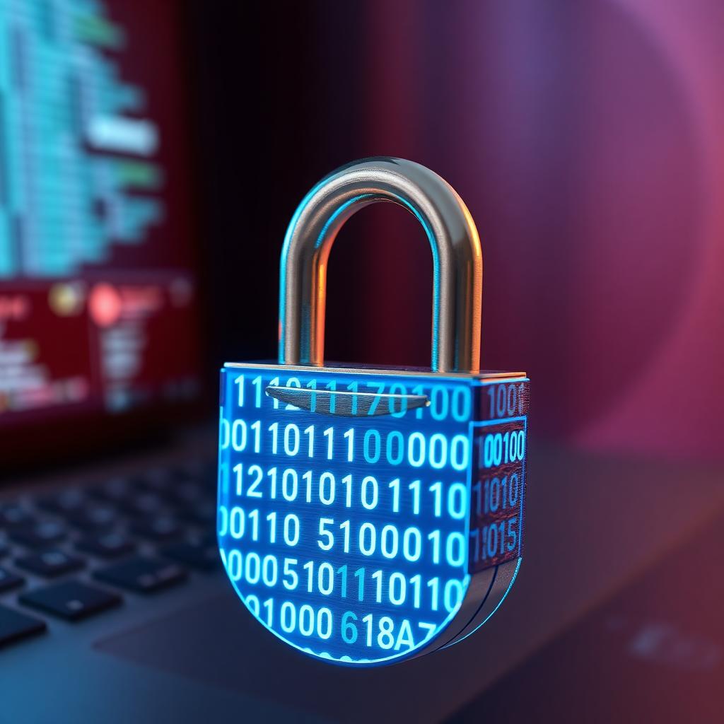 A glowing blue binary code padlock representing end-to-end encryption.