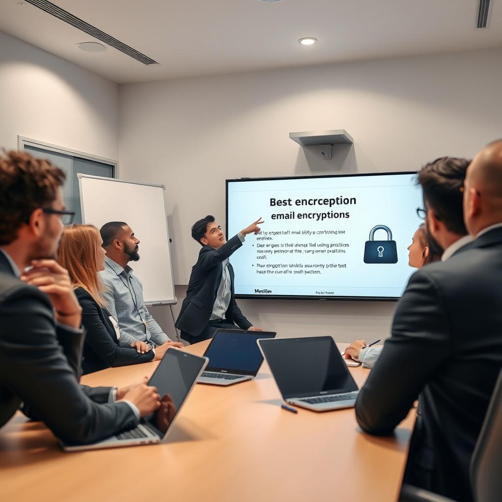 Professionals in a meeting learning about email encryption best practices.