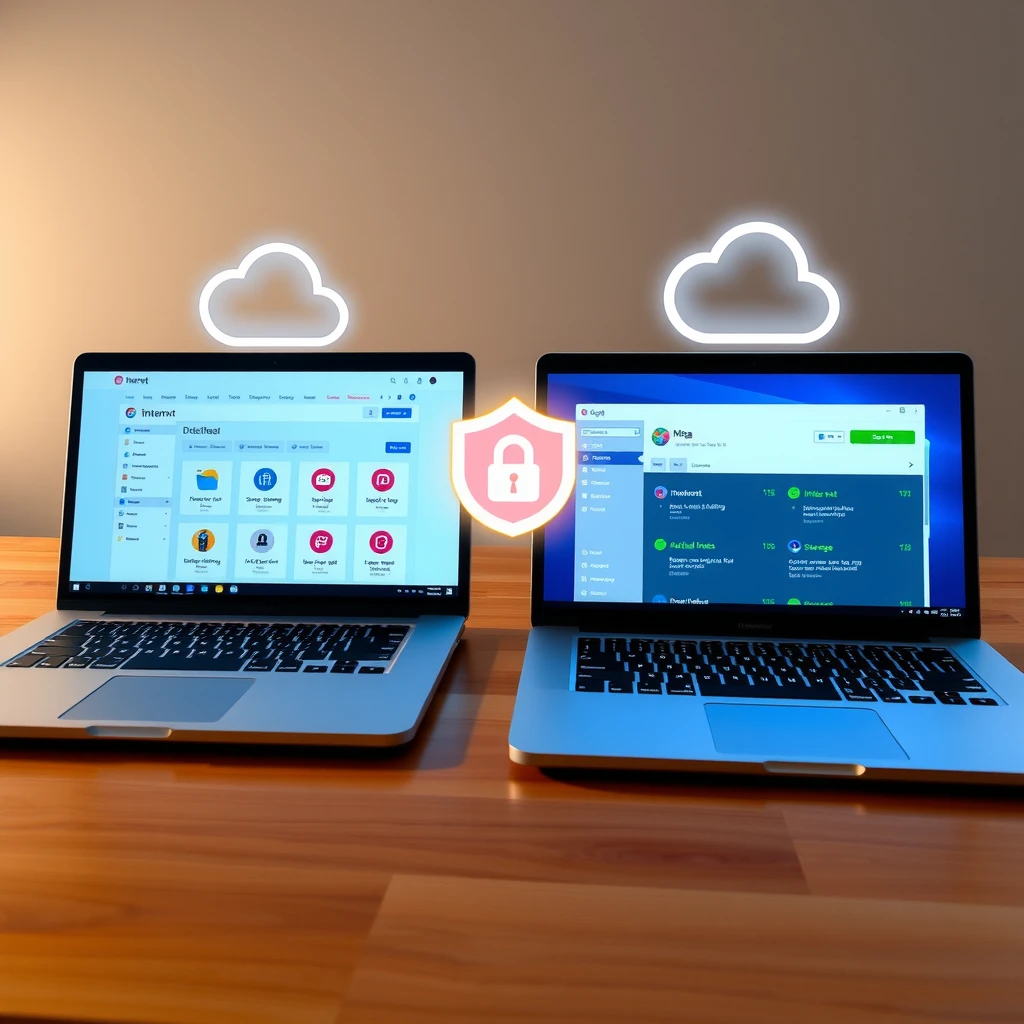 Side-by-side view of Internxt and Mega user interfaces highlighting secure cloud storage features