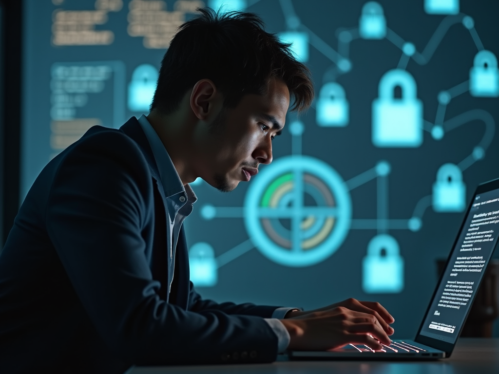 Person worried about online privacy while using laptop