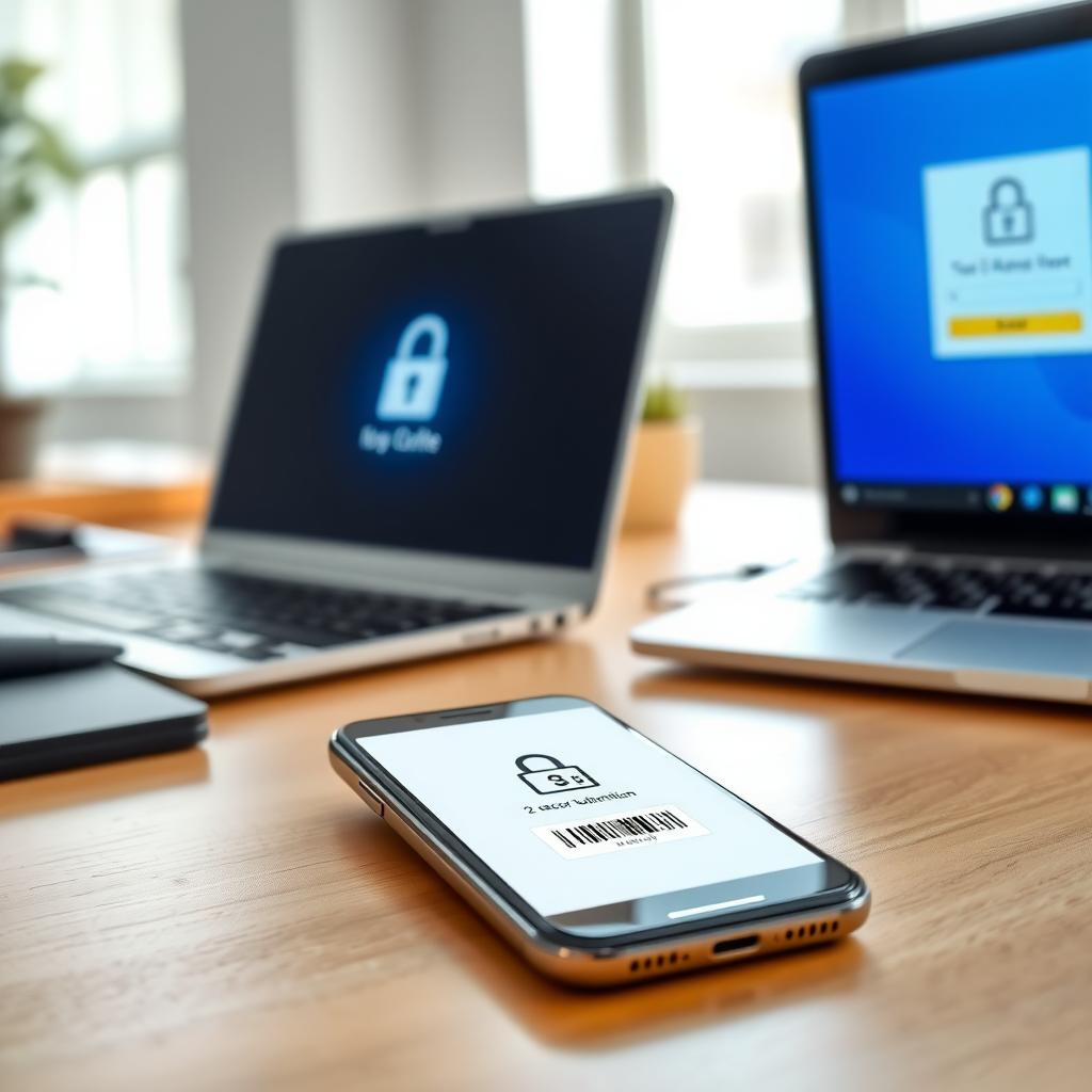 Smartphone showing a two-factor authentication code next to a laptop with a login screen on a wooden desk.