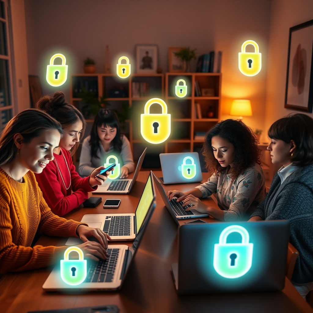 People securing their online privacy with digital shields on devices