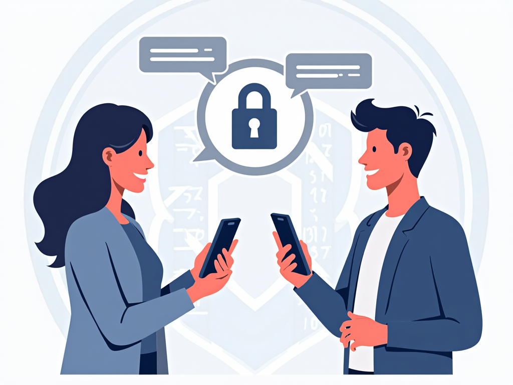 Two people securely exchanging messages with end-to-end encryption.