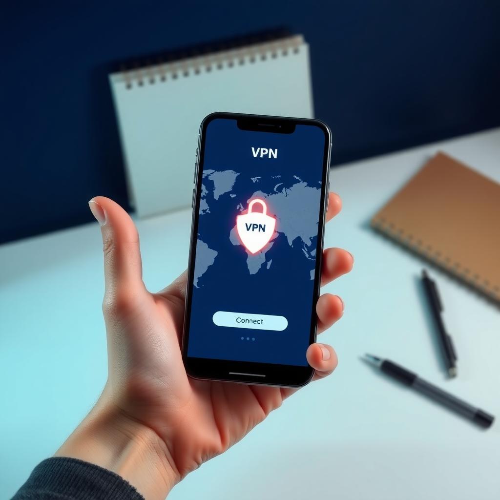 Smartphone displaying a VPN app interface with a world map and server locations, placed on a minimalist desk.