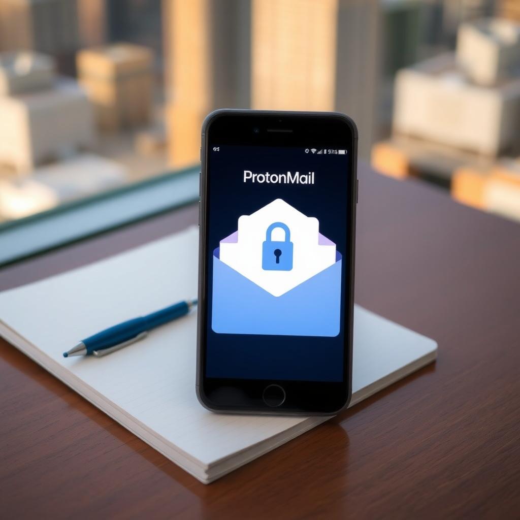 ProtonMail app on a smartphone showing a secure email inbox on a wooden table.