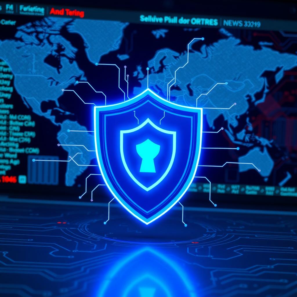 Digital shield icon with data streams and a world map background