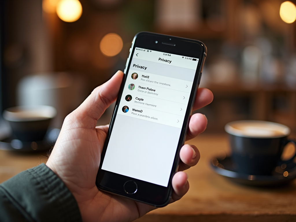 Smartphone showing privacy settings being adjusted in a coffee shop.