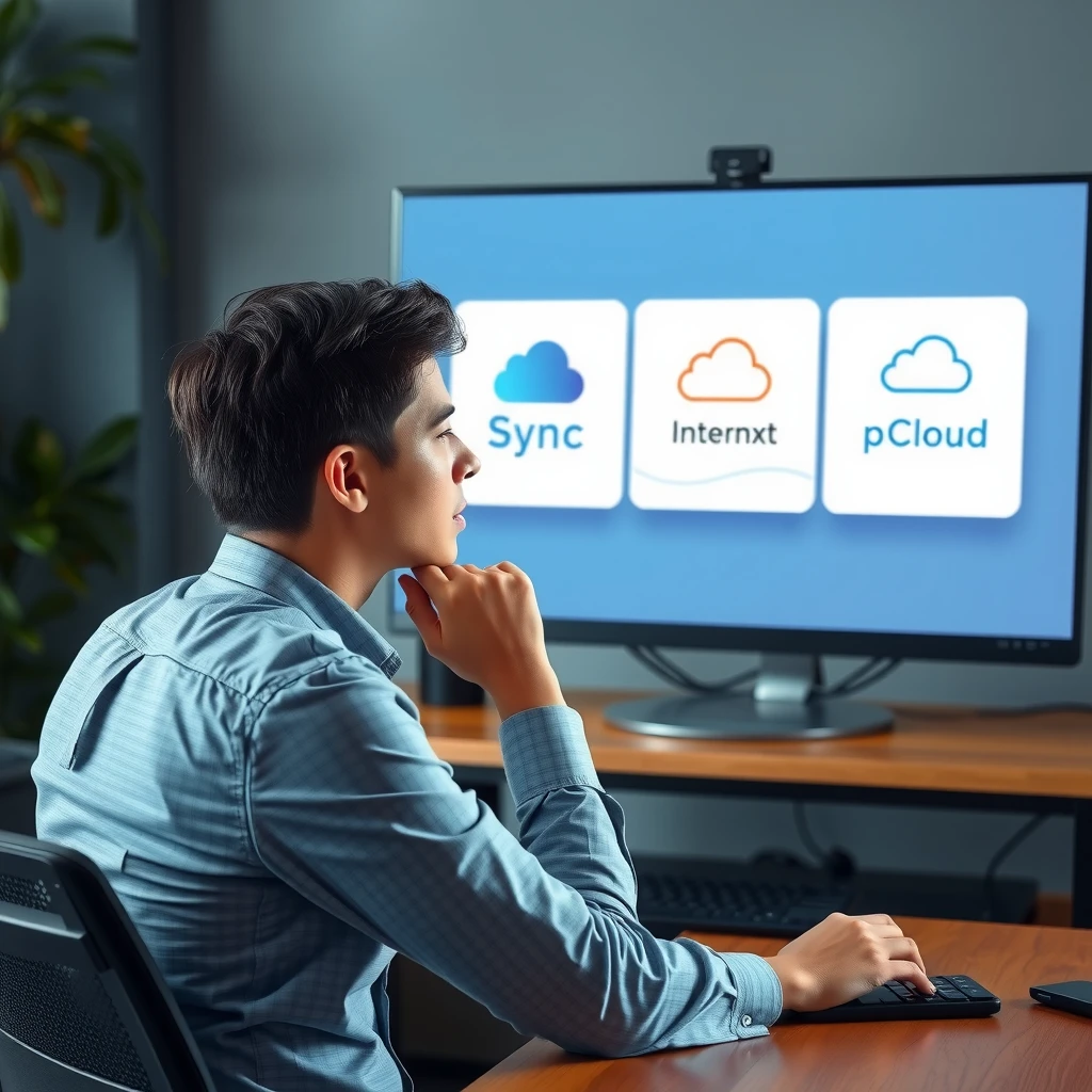 Person evaluating and choosing between Sync.com, Internxt, and pCloud cloud storage options on a computer screen