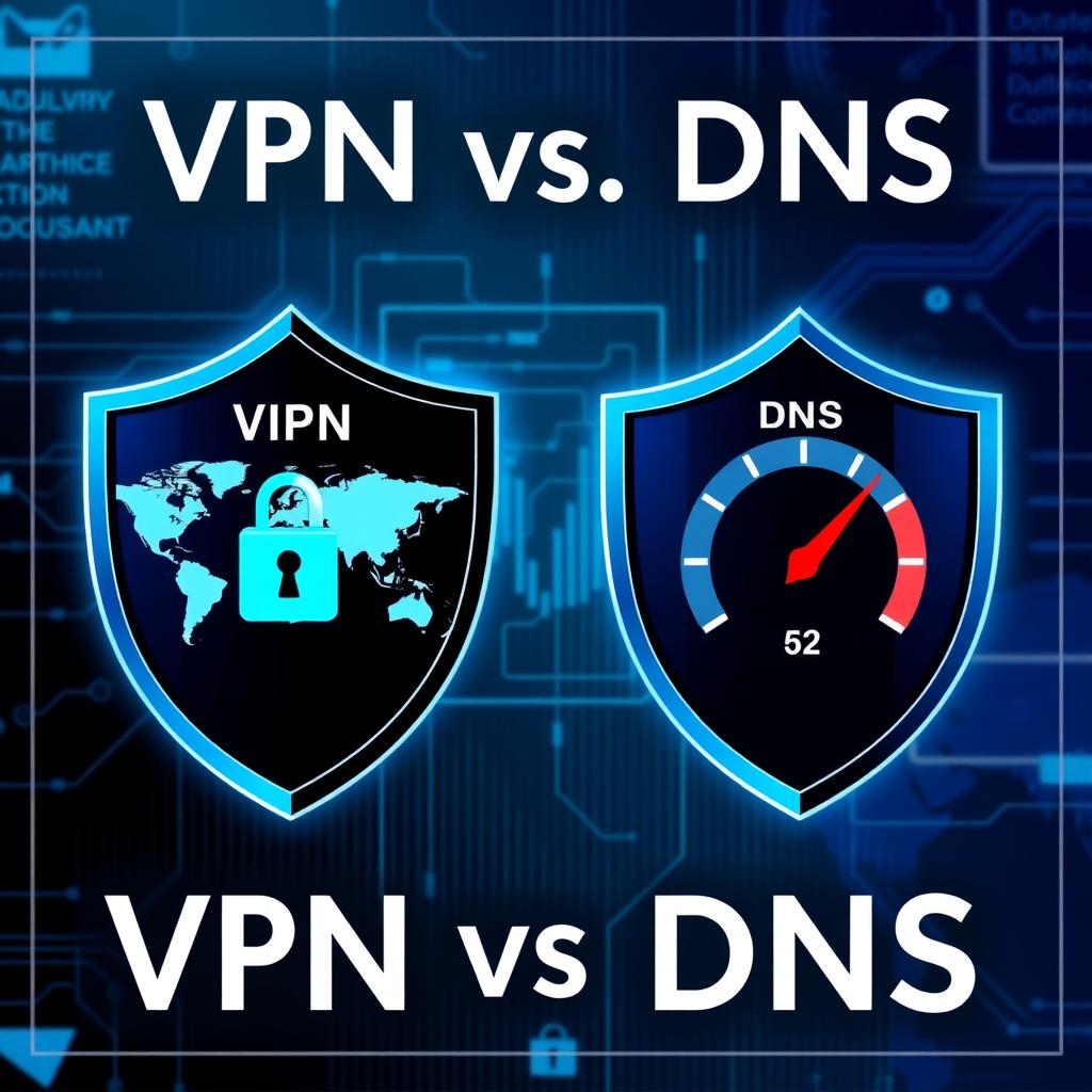Infographic comparing VPN and DNS with shields showing a padlock for VPN and a speedometer for DNS.
