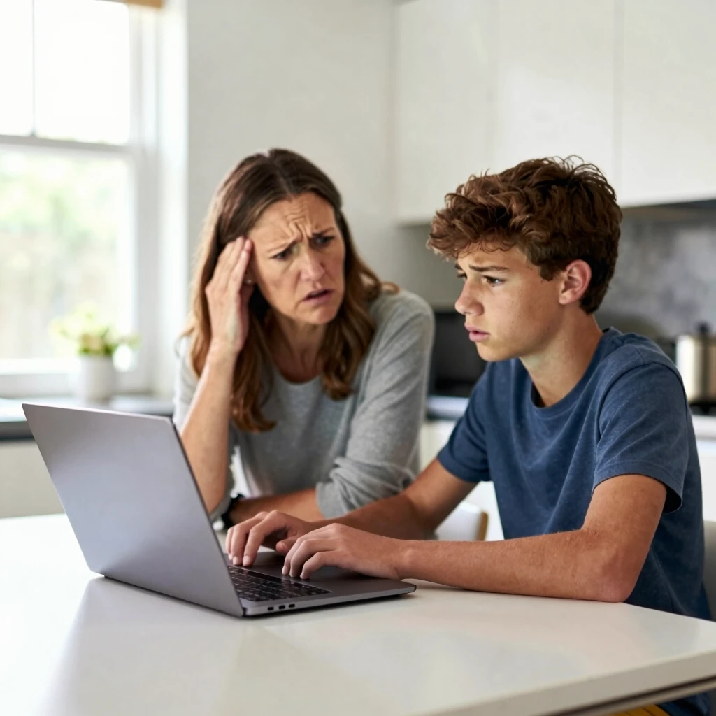 Parent and teenager discussing online safety together on a laptop