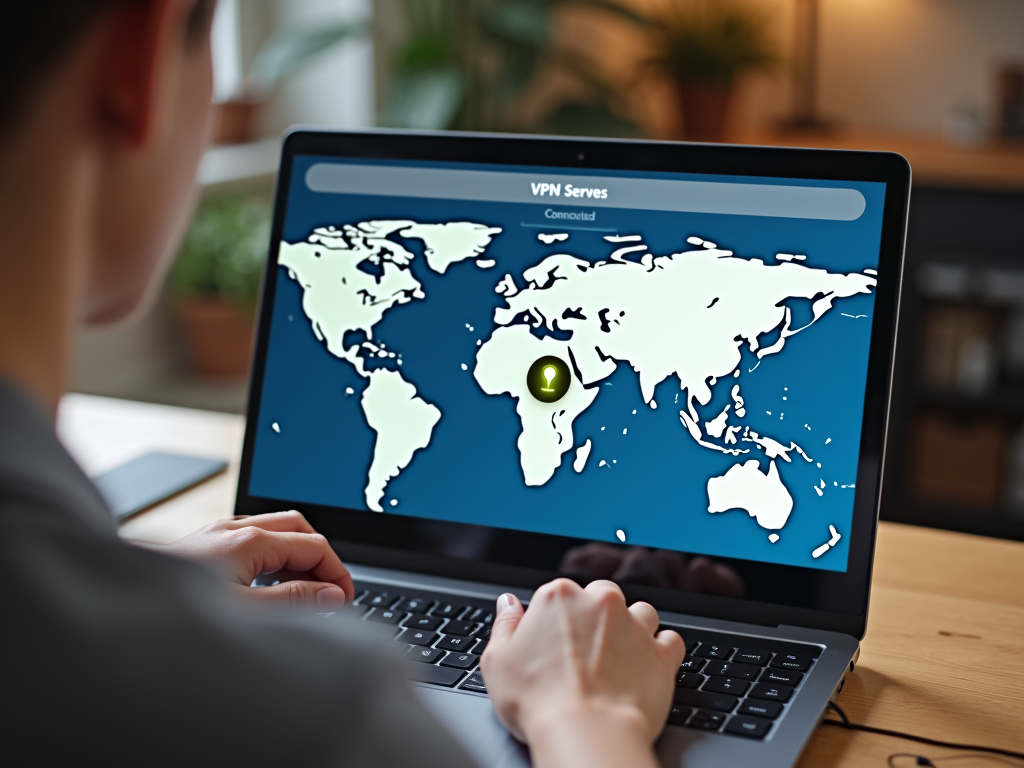 Person using a VPN on their laptop to connect to a server in another country.