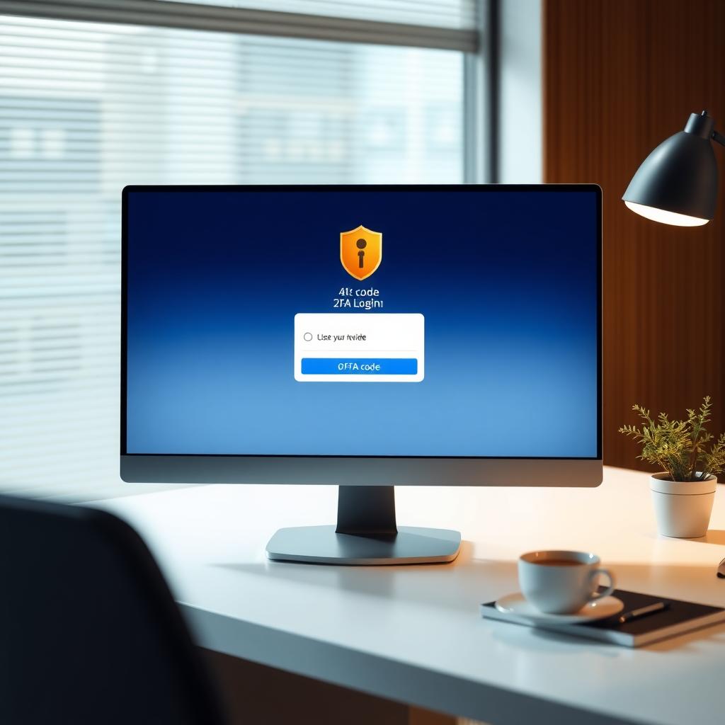 Computer monitor showing a 2FA login prompt in a modern office setting