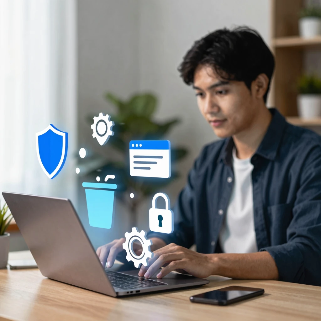 Person using online privacy tools on a laptop to protect their data