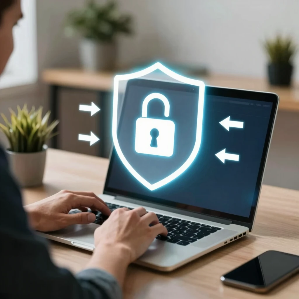 Person using laptop protected by digital security shield representing online security