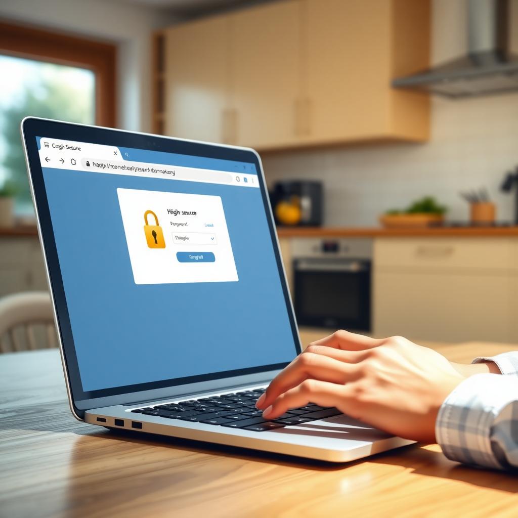 Person using a laptop to access a secure website with a password manager