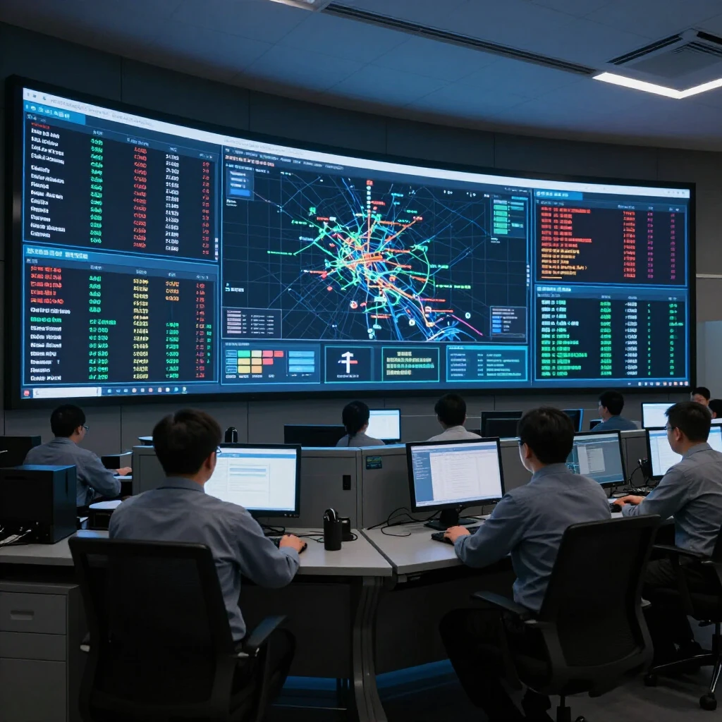 AI analyzing big data for security threats on multiple screens in a control room