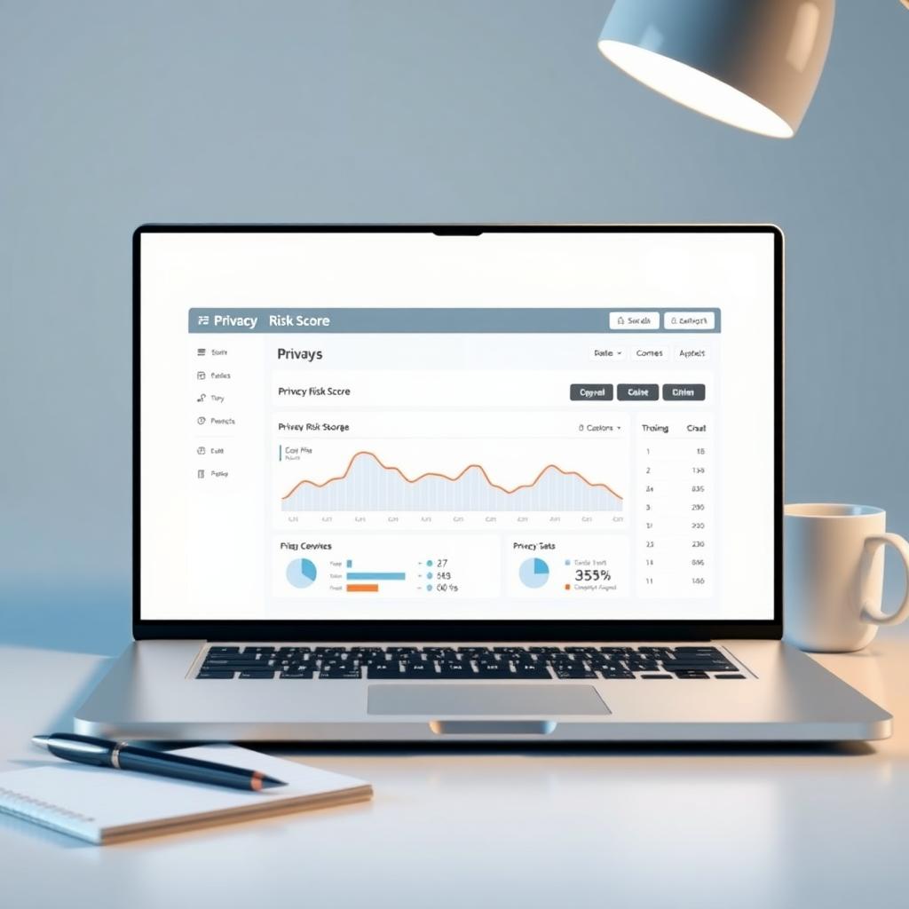 Laptop screen showing a privacy dashboard with a decreasing Privacy Risk Score, indicating improved online privacy.