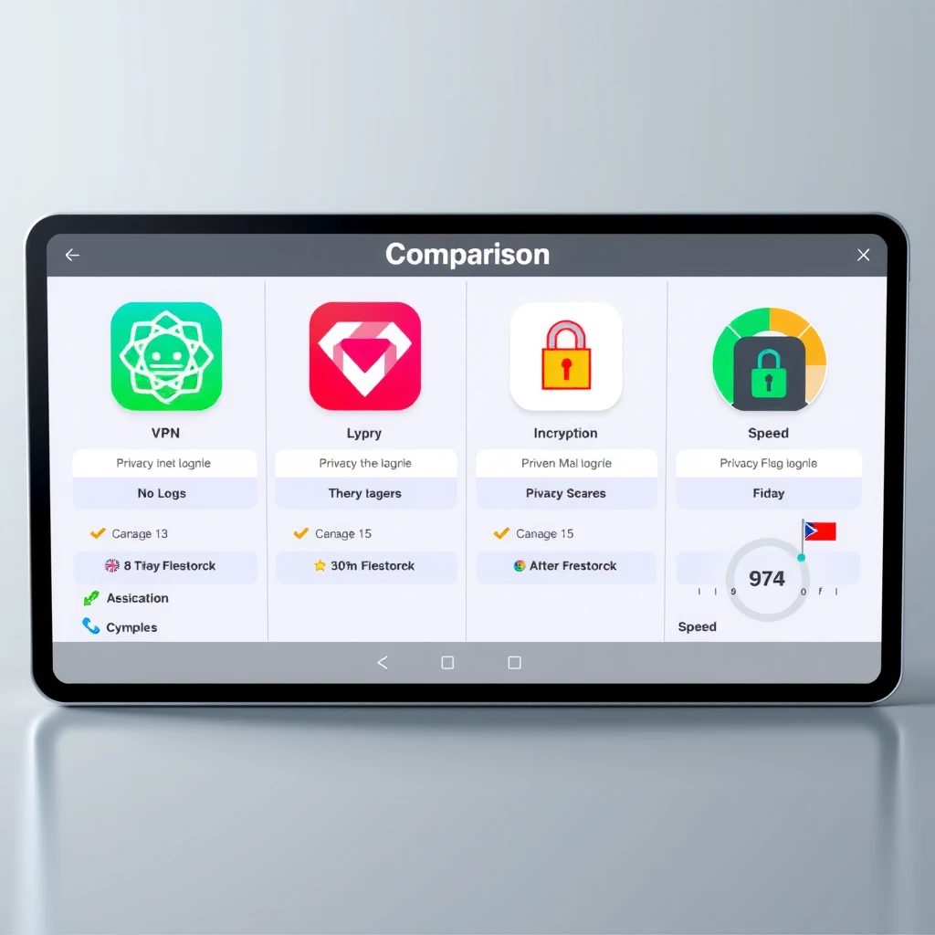 Tablet displaying a comparison of top privacy VPN apps with key security features