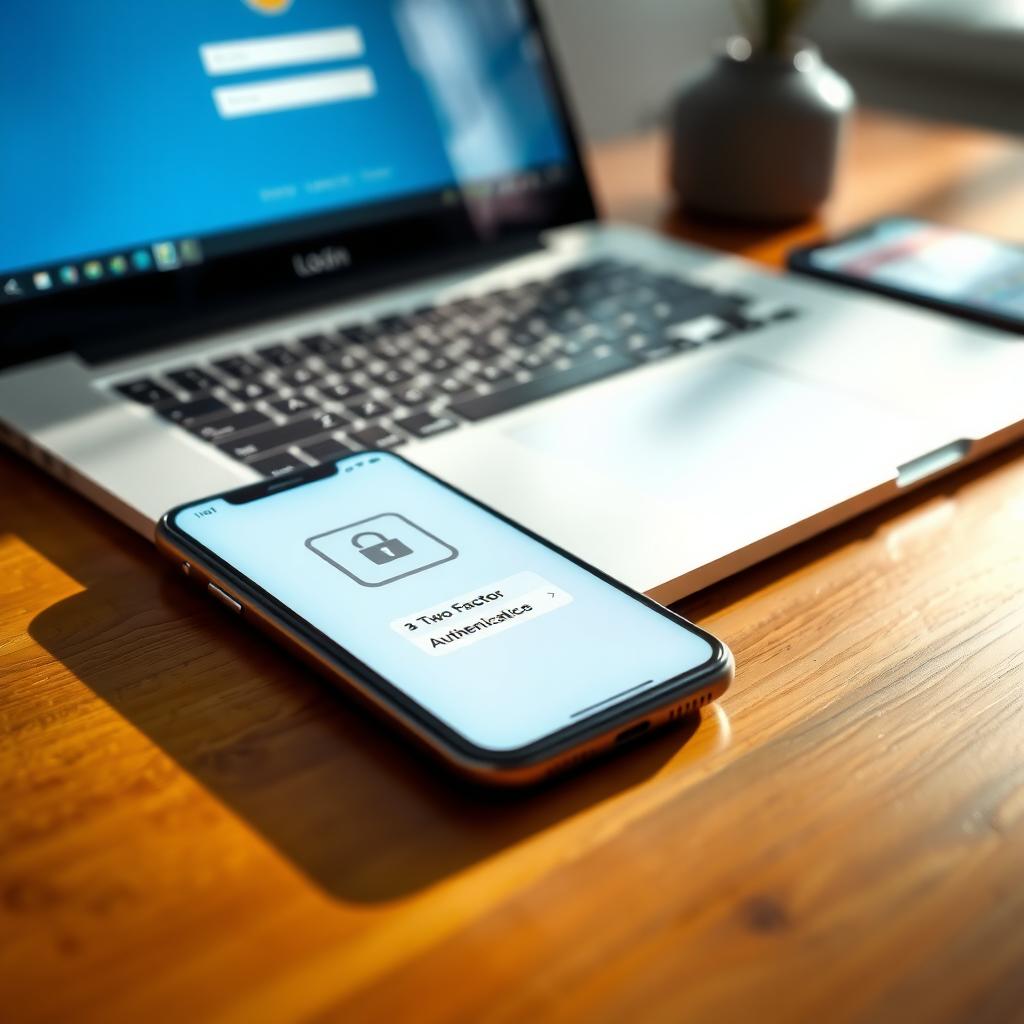 Smartphone showing a two-factor authentication code next to a laptop with a login screen.