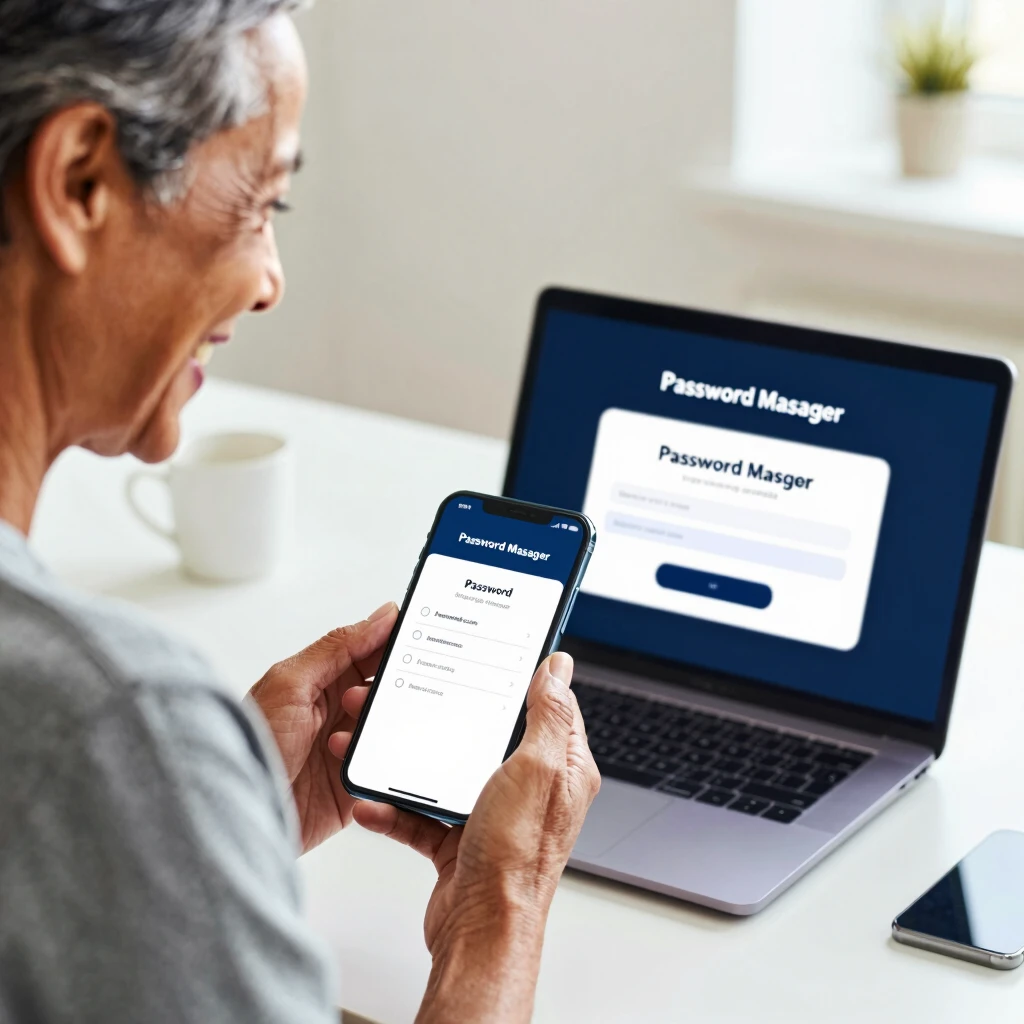 Person happily using a password manager on devices