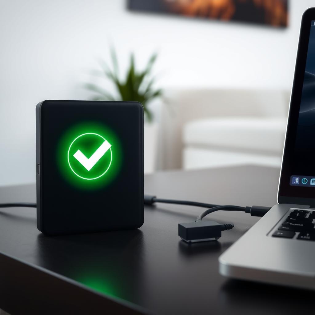 External hard drive connected to a laptop with a green checkmark indicating a successful backup in a modern living room.