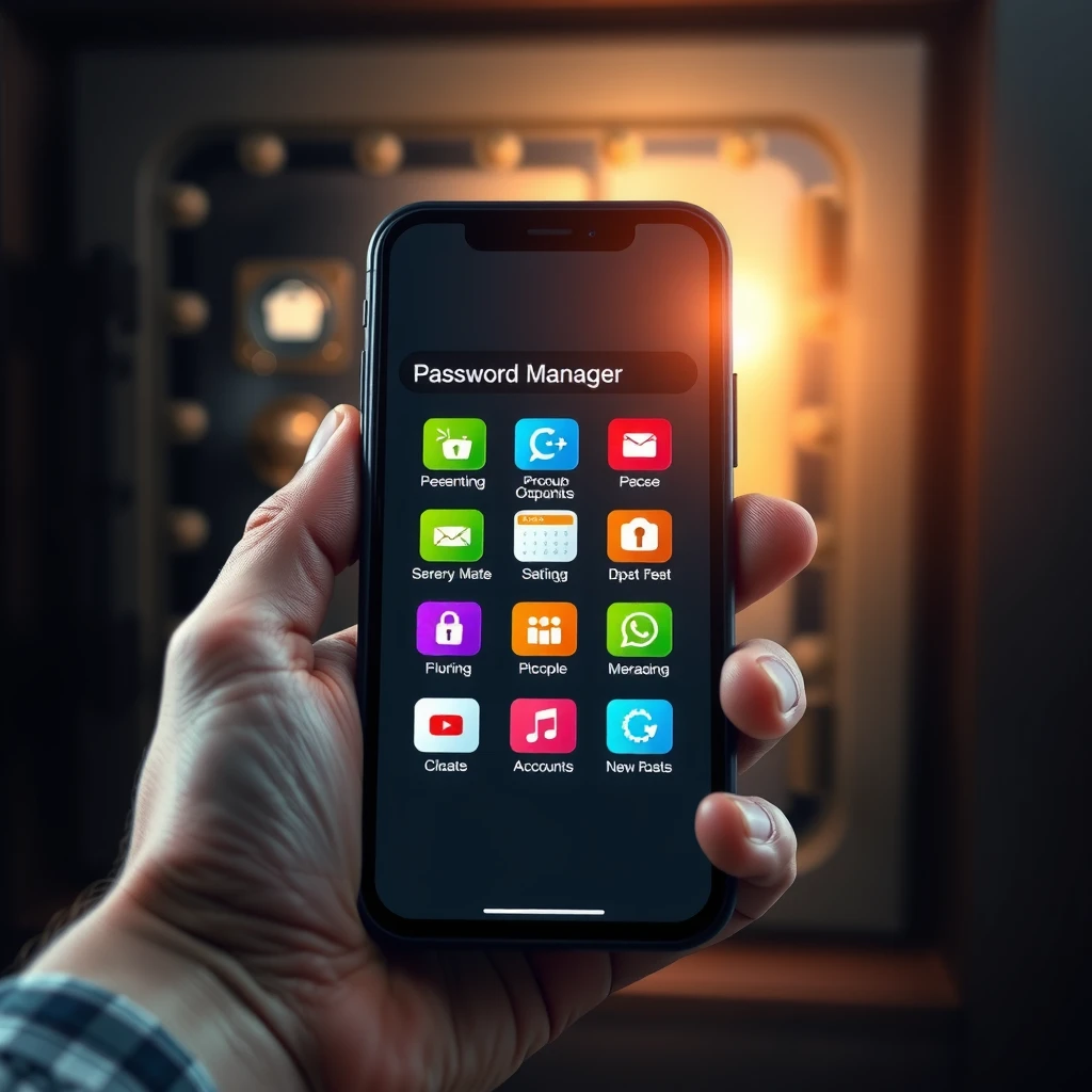 Smartphone showing password manager with secure account icons