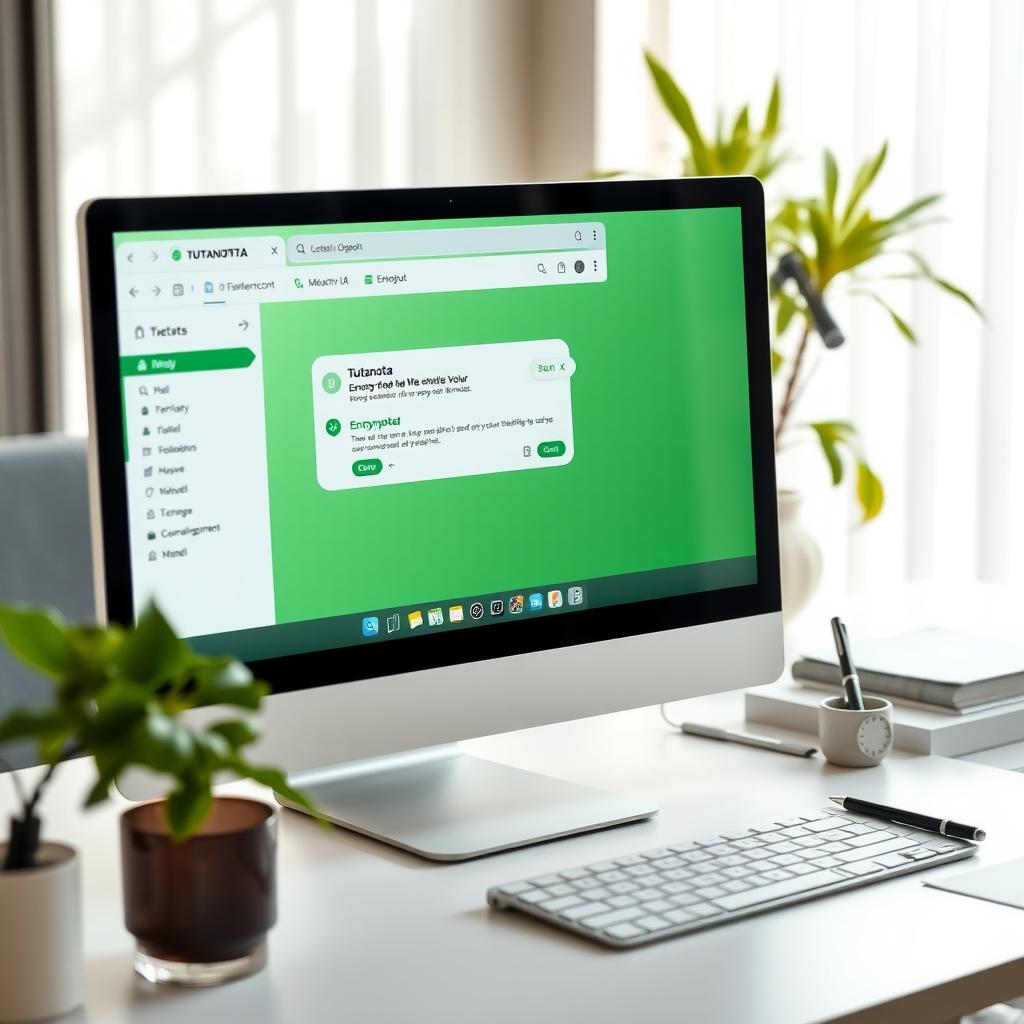 Desktop showing Tutanota email interface in a modern office