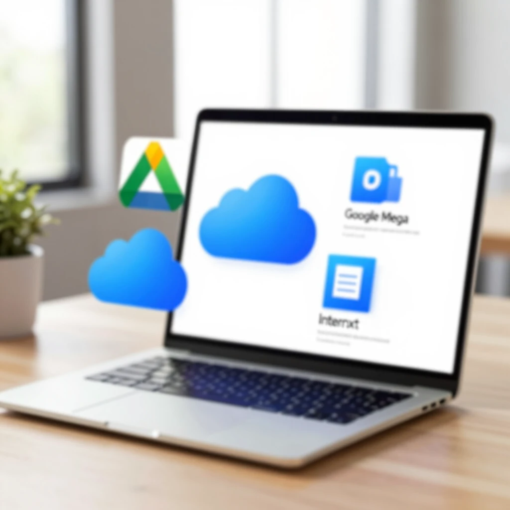 Laptop displaying various cloud storage service icons and file syncing