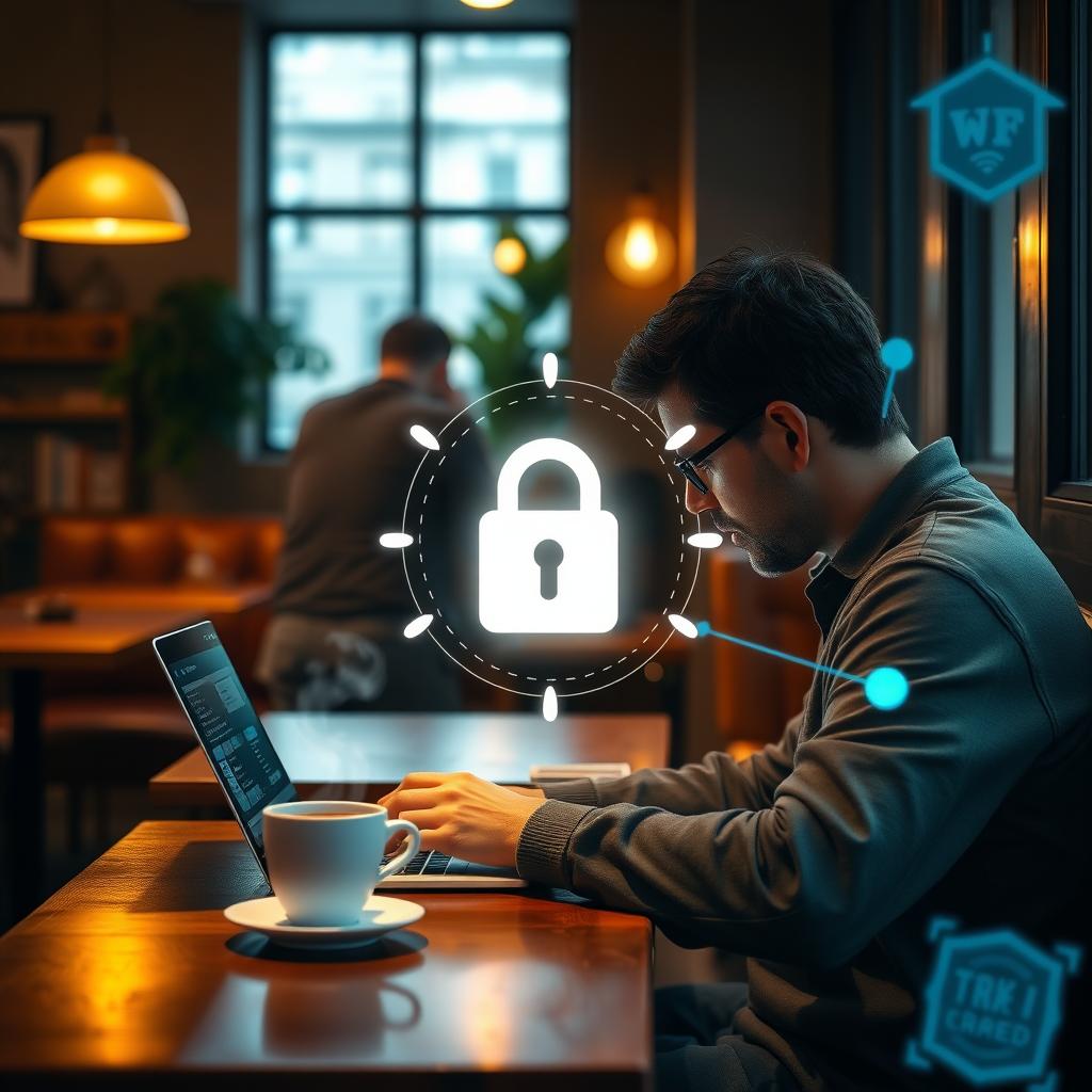 Person using a laptop in a coffee shop with a digital lock icon indicating secure Wi-Fi browsing