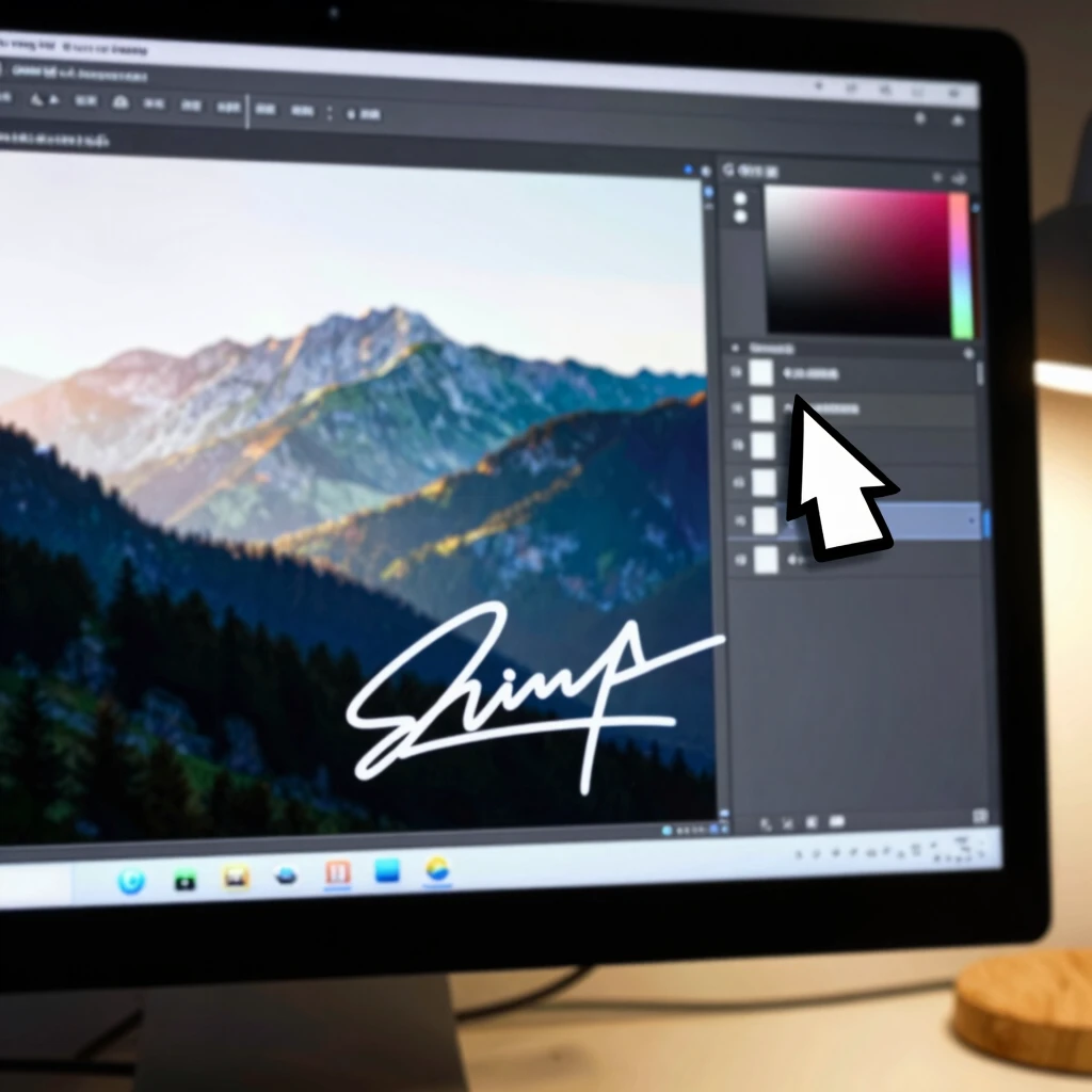 GIMP interface showing watermark addition to digital art