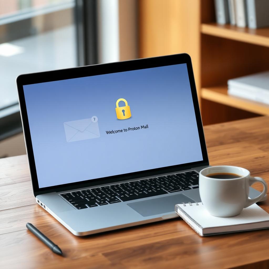 Laptop on a wooden desk showing a secure email interface with a padlock icon and a 'Welcome to Proton Mail' message.