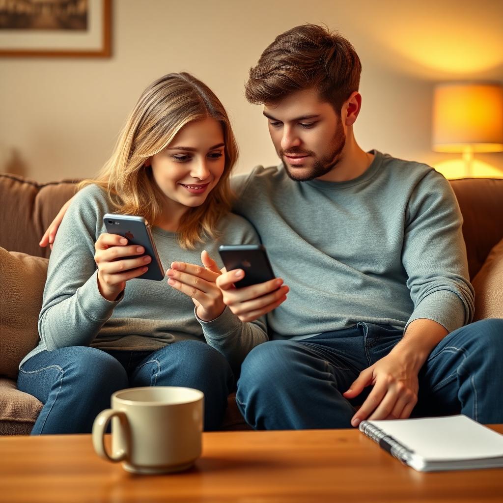 Parent and teenager reviewing social media privacy settings on a smartphone in a cozy living room.