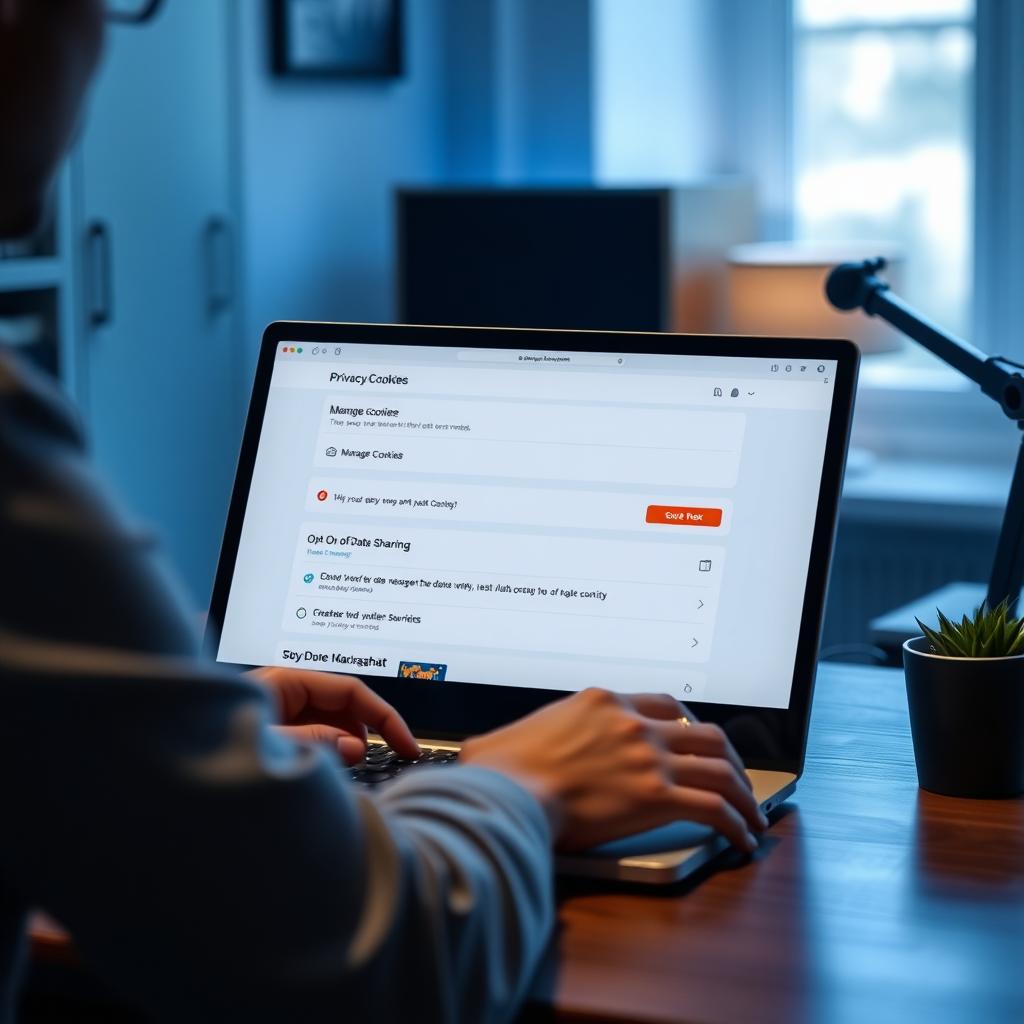 Person using a laptop with a privacy dashboard open, showing options for managing cookies and data sharing.