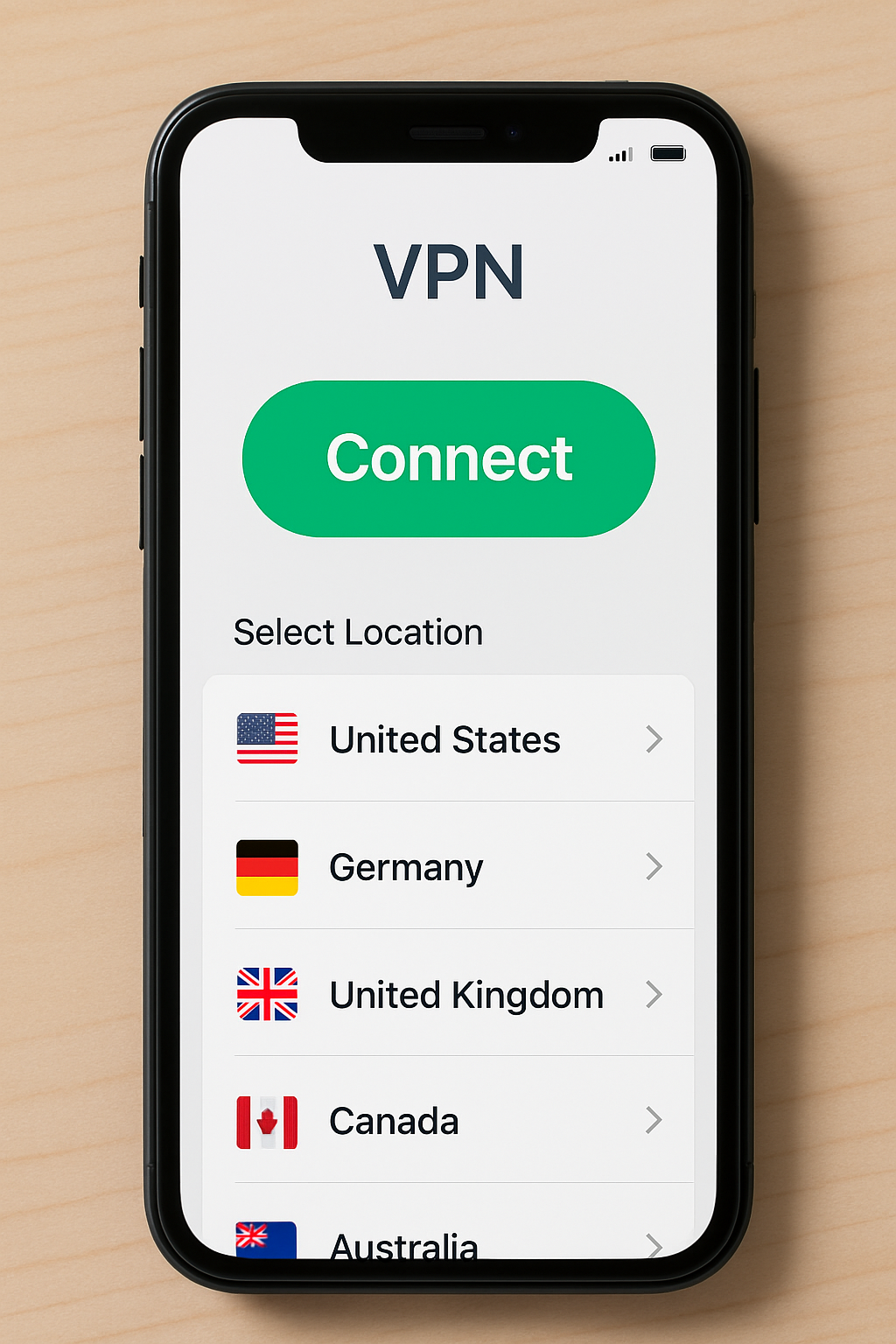 VPN app on smartphone with connect button and country list