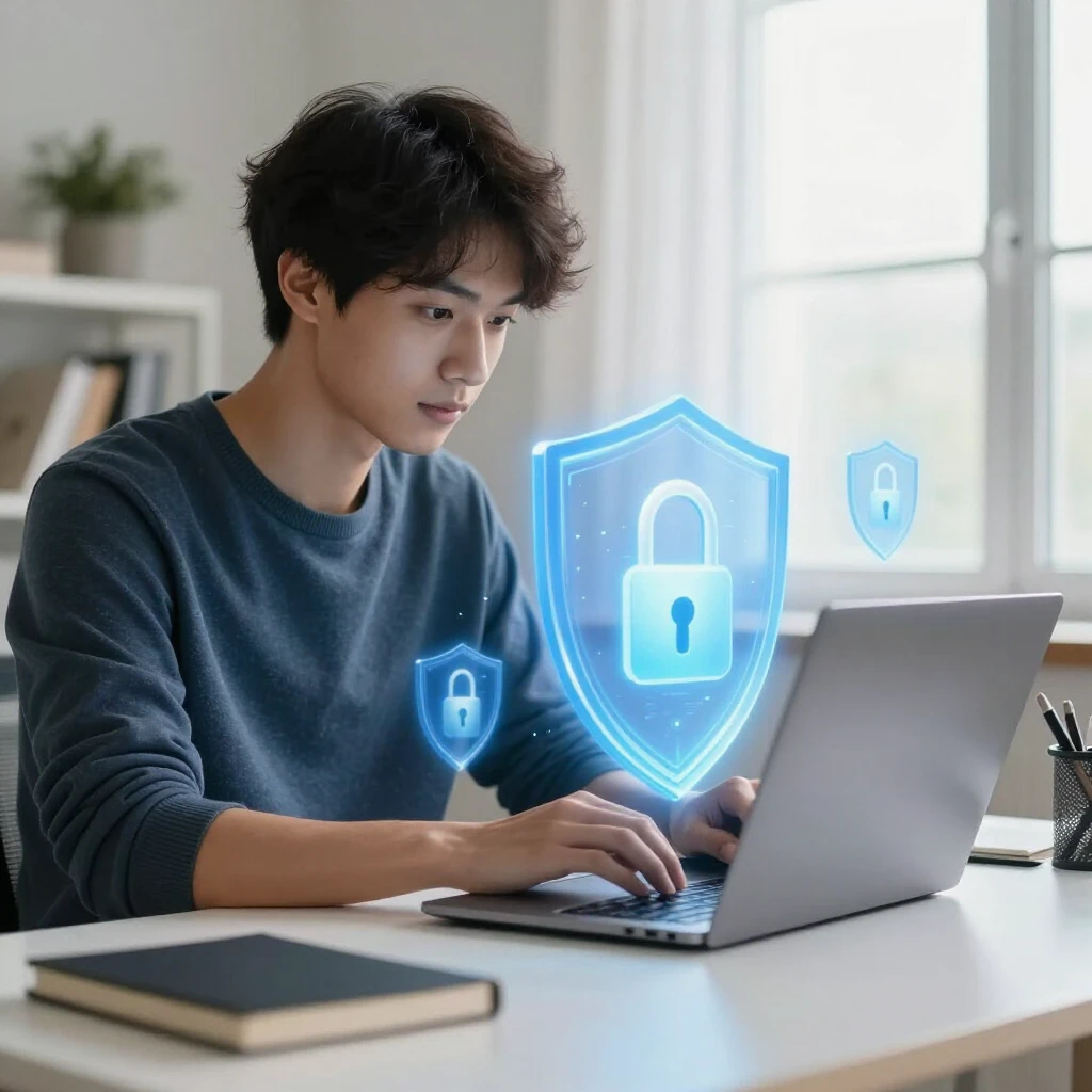 Person using laptop protected by digital privacy shields