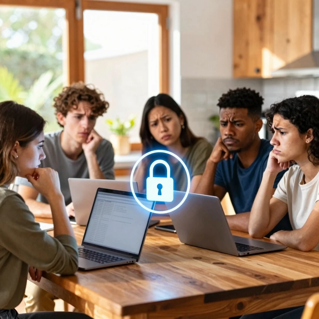Group of friends collaborating on online privacy strategies at home