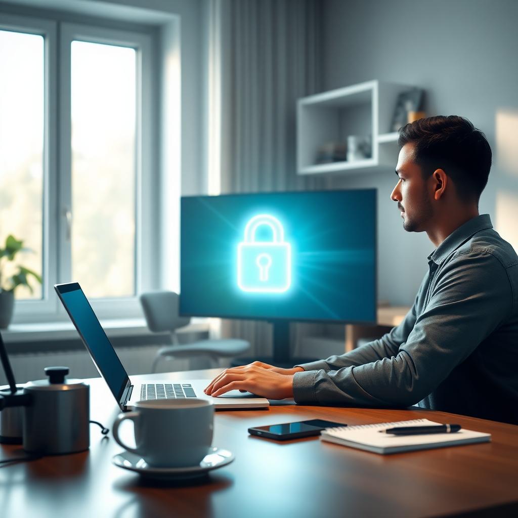 Person using a laptop with a padlock icon on the screen in a modern home office