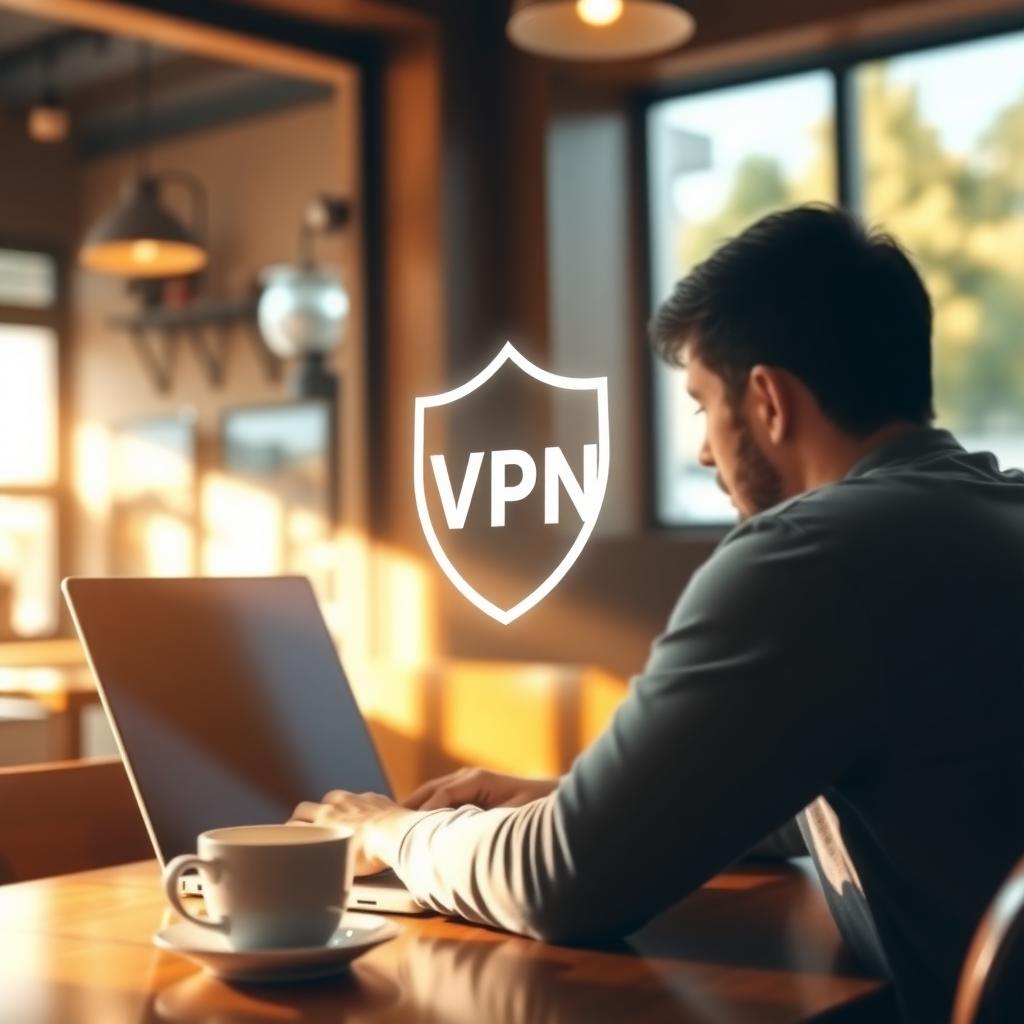 Person using a laptop with a digital shield overlay in a cozy coffee shop, representing VPN protection.