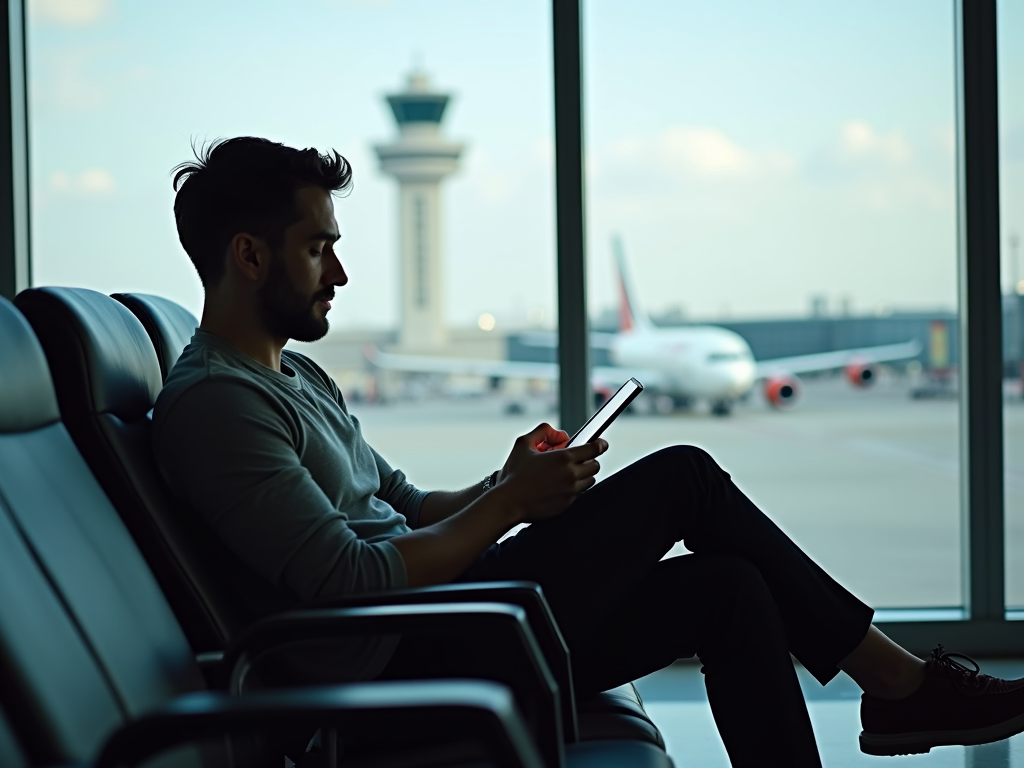 Man using VPN on tablet at airport