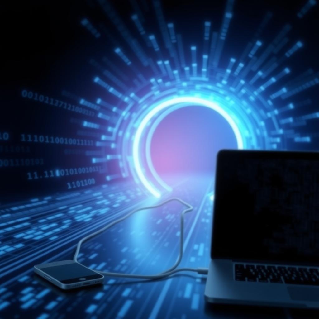 Illustration of a secure digital tunnel with data packets, representing VPN encryption