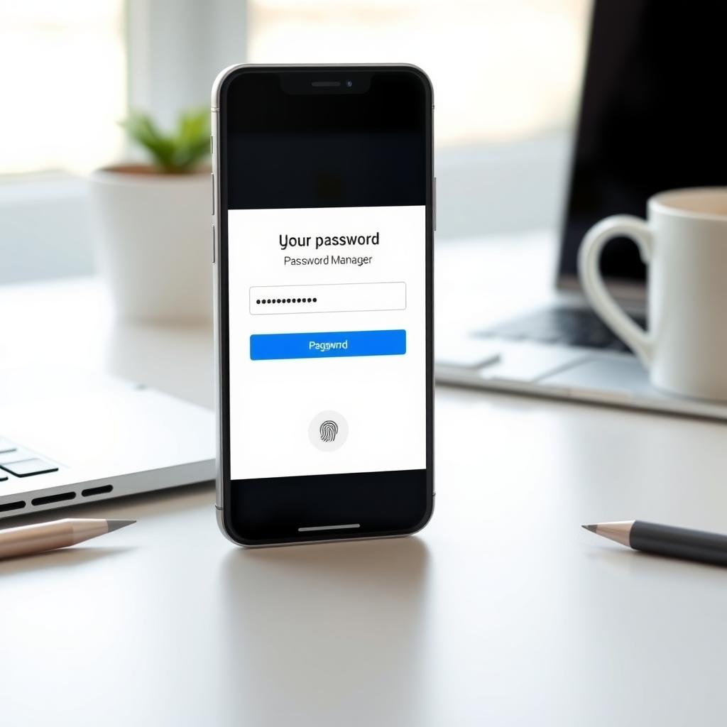 Smartphone on a desk showing a password manager app login screen